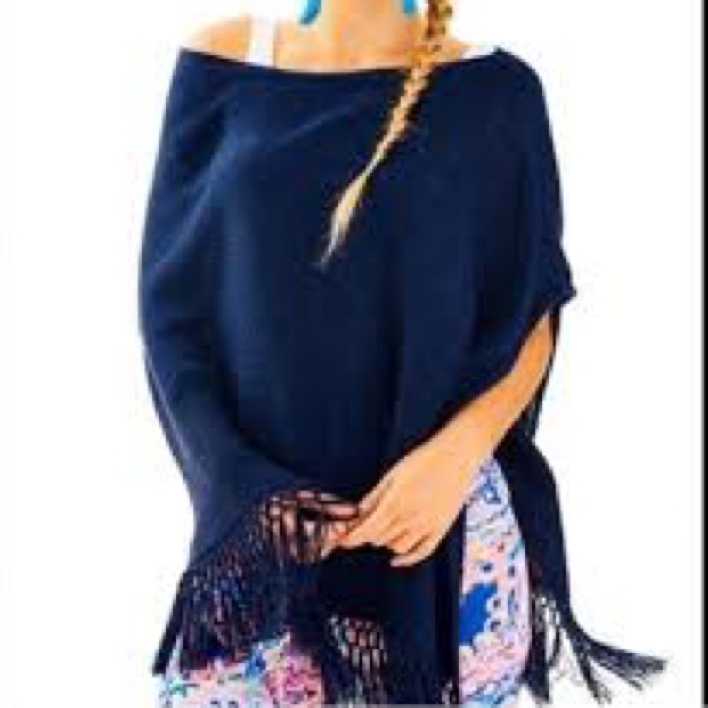 Lilly Pulitzer Floreanna Poncho Shawl Fringe True Navy Metallic One Size Cotton